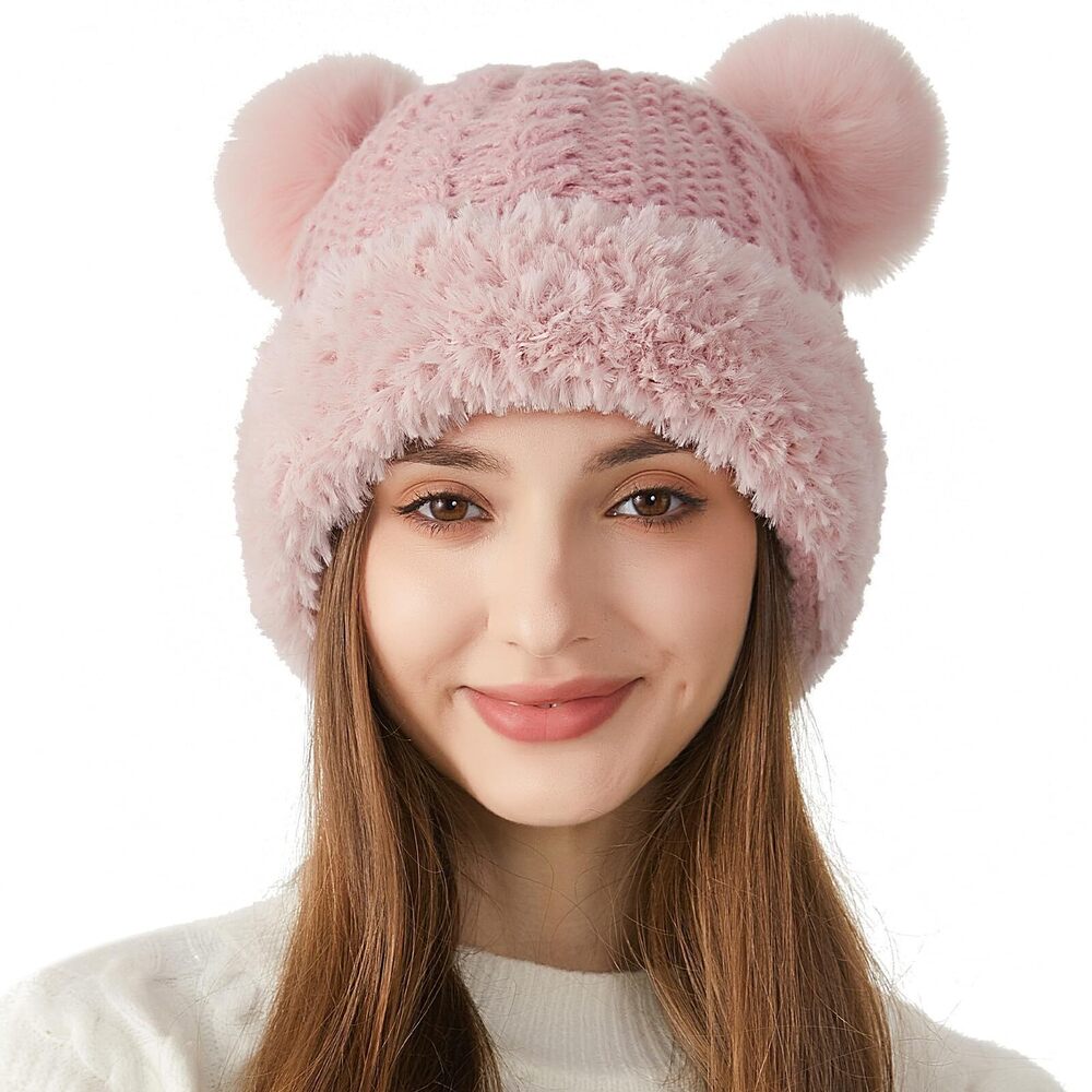 7897 Knitted Beanie with Fur Pompom Girls Chunky Winter Beanie Hat Warm